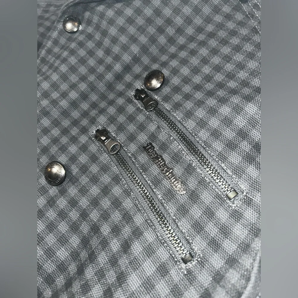 Live Mechanics Canvas Checked Plaid Gray Streetwear Moto Grunge Stud Coat 2XL